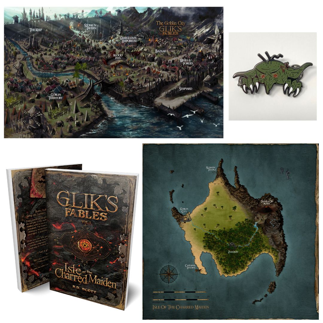Glik's Fables Vol 1 Art Bundle: 2 maps, signed hardback, & a goblin pin