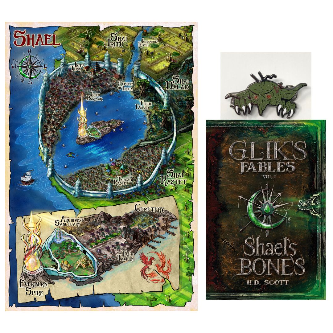 Glik's Fables Vol 2 Art Bundle: map, signed hardback, & a goblin pin