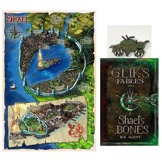 Glik's Fables Vol 2 Art Bundle: map, signed hardback, & a goblin pin