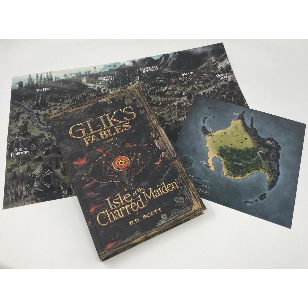 Glik's Fables Volume 1 signed hardback book bundle with 11x17 goblin city art print and 8x8 color map, and ebook
