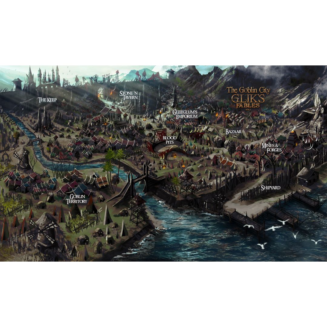 Glik's Fables Volume 1: Isle of the Charred Maiden "Goblin City" Color map. 11x17 print